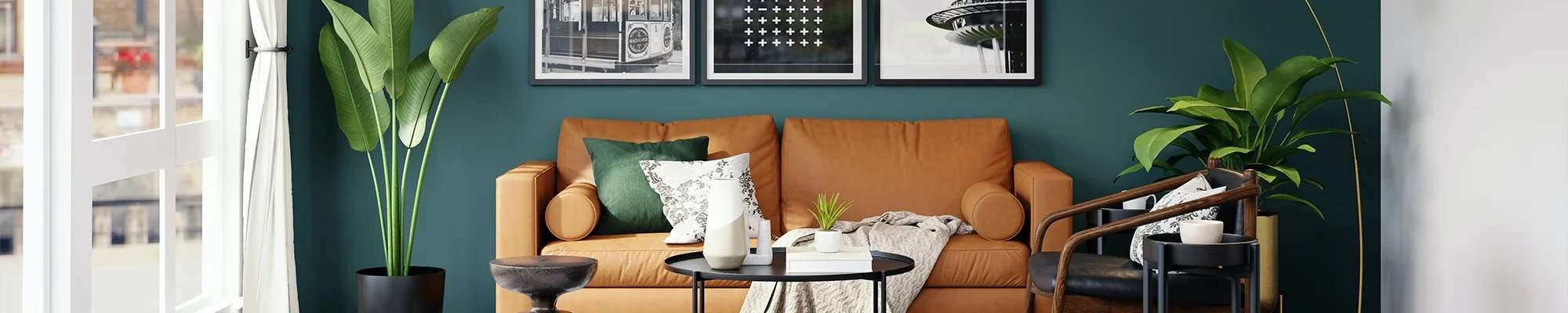 sunny living room with colourful couch and plants - Home Design of Hastings in Hastings, MN